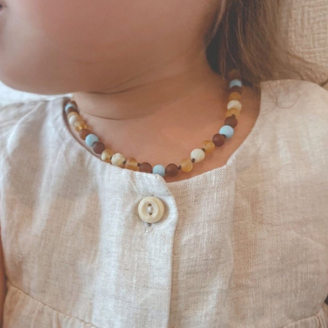 Amber Necklace with turquoise - Unpolished Multi Colors - 32cm