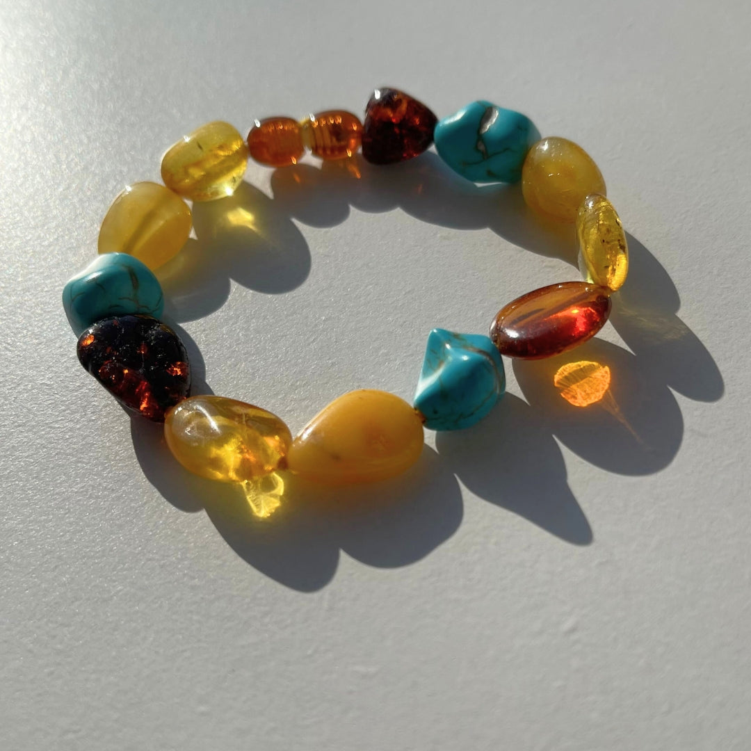 Amber bracelet with turquoise- Multi Colors - 16cm