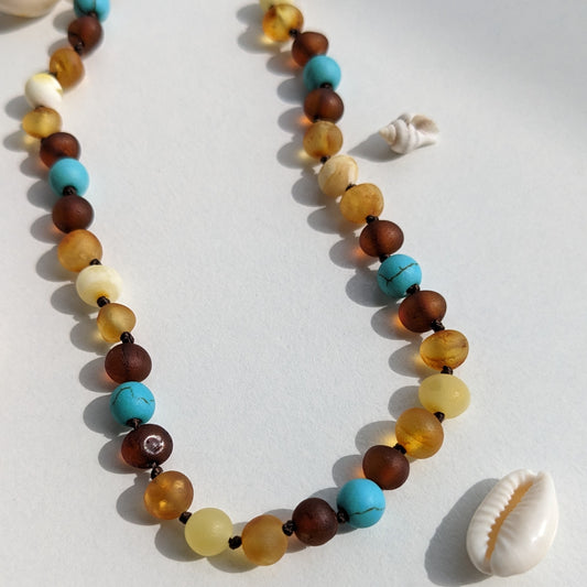 Amber Necklace with turquoise - Unpolished Multi Colors - 40cm