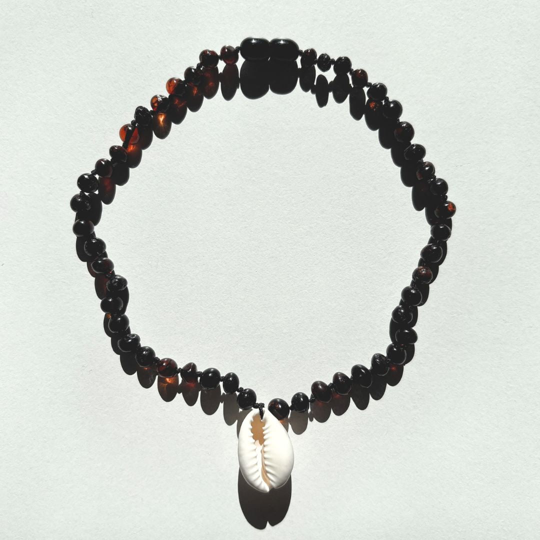 Amber Necklace with Cowrie Shell - Cherry- 32cm