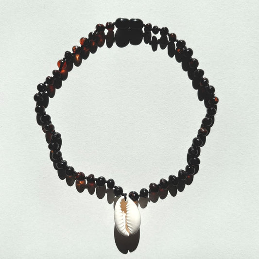 Amber Necklace with Cowrie Shell - Cherry- 32cm