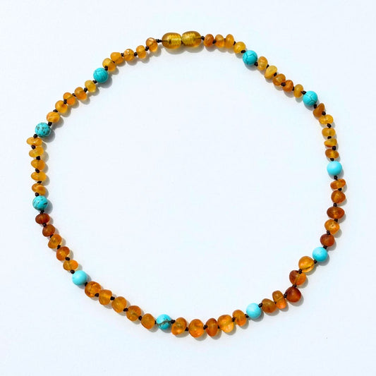 [OUTLET]  Amber Necklace with turquoise - Raw honey - 40cm