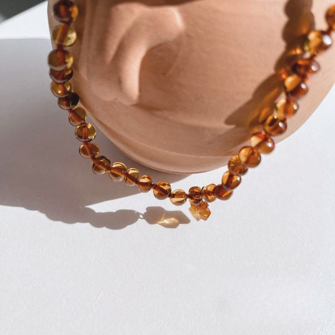 Amber Necklace with Cross - Cognac - 32cm