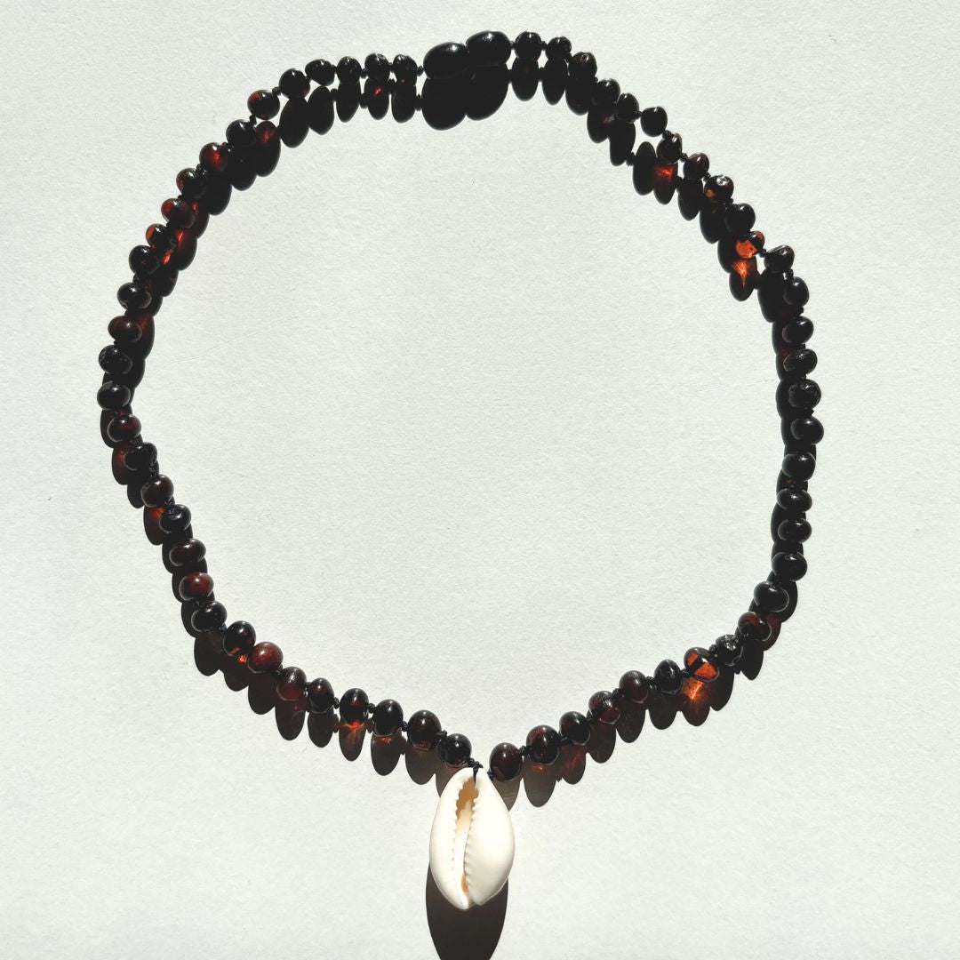 Amber Necklace with Cowrie Shell - Cherry - 40cm