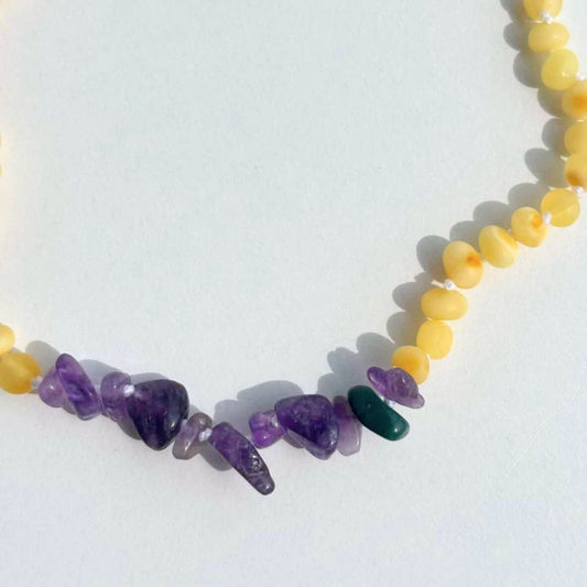 [OUTLET]  Amber necklace with amethyst - Raw butter - 31cm