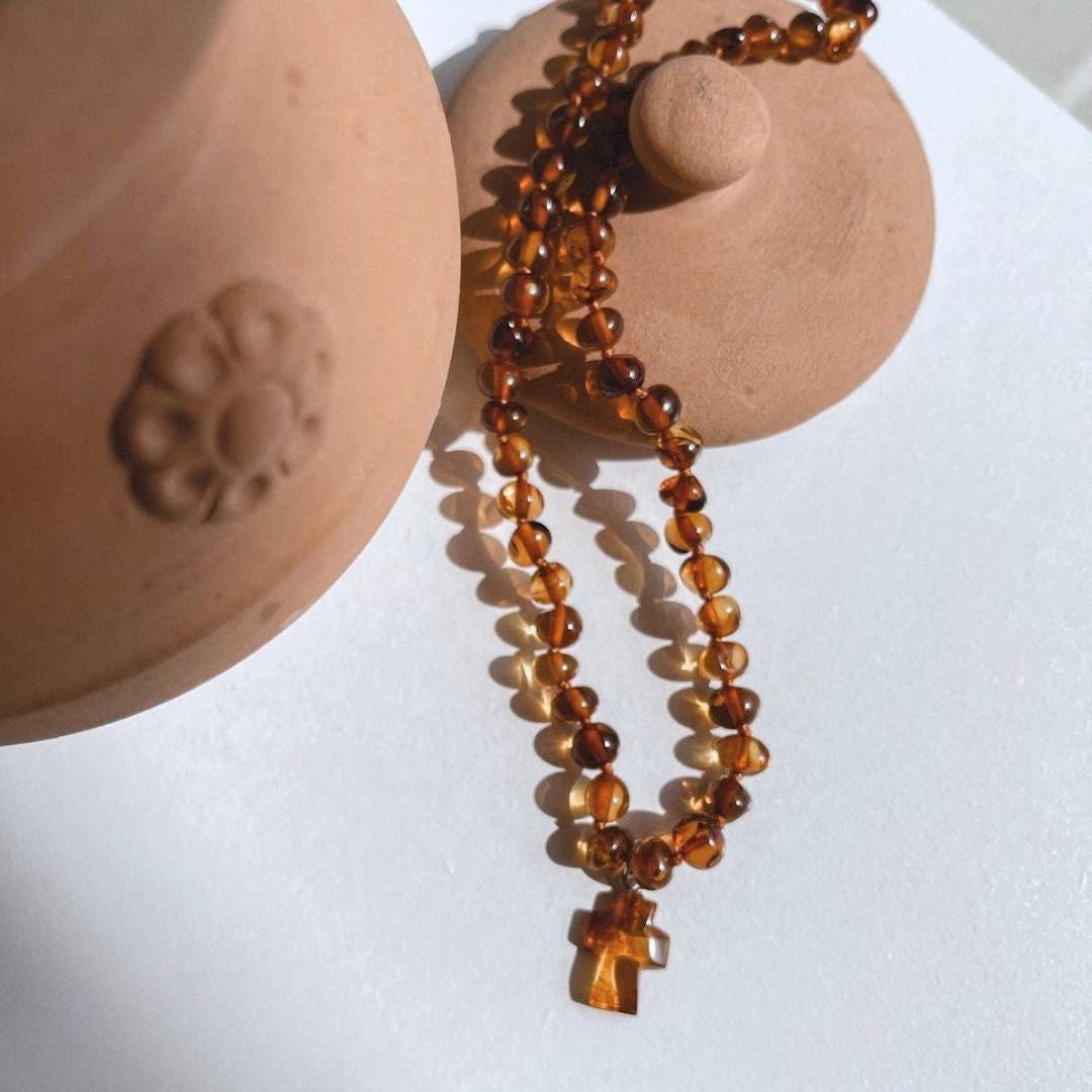 Amber Necklace with Cross - Cognac - 32cm