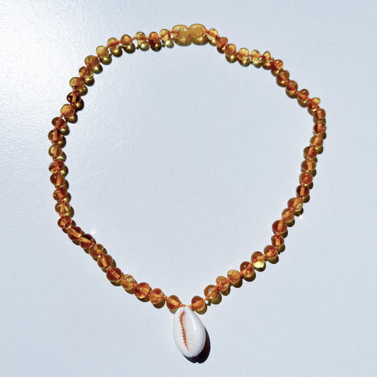 Amber Necklace with Cowrie Shell - Honey- 40cm