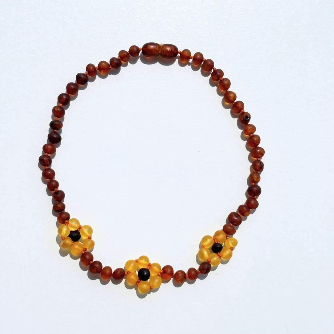 [OUTLET]  Amber Necklace with sunflowers -Raw cognac- 32cm