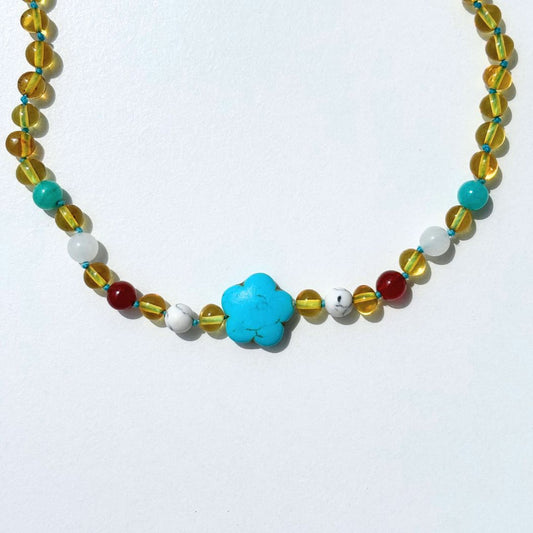 [OUTLET]  Amber Necklace with flower turquoise - Lemon - 33cm