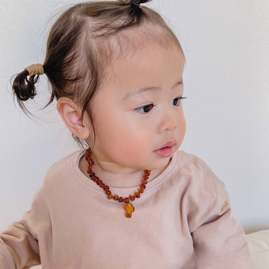 Amber Necklace with Cross - Cognac - 32cm