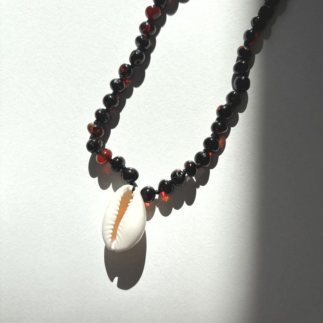 Amber Necklace with Cowrie Shell - Cherry - 40cm