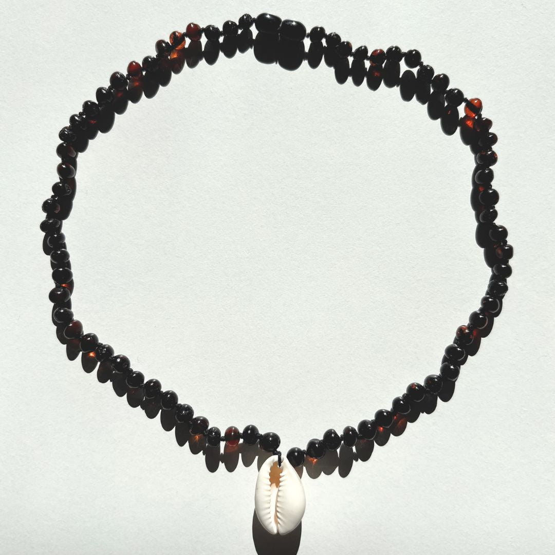 Amber Necklace with Cowrie Shell - Cherry - 45cm