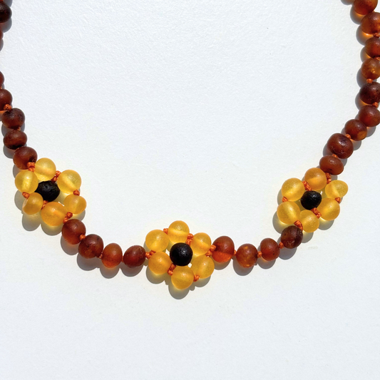 [OUTLET]  Amber Necklace with sunflowers -Raw cognac- 32cm