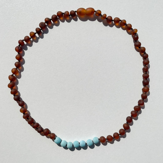 Amber Necklace with turquoise - Raw Cognac - 45cm