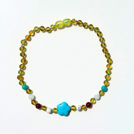 [OUTLET]  Amber Necklace with flower turquoise - Lemon - 33cm