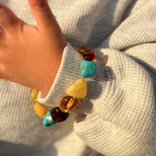 Amber bracelet with turquoise- Multi Colors - 15cm