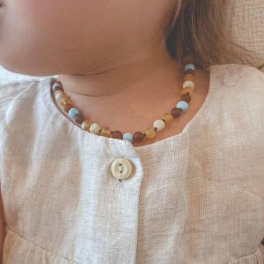 Amber Necklace with turquoise - Unpolished Multi Colors - 32cm