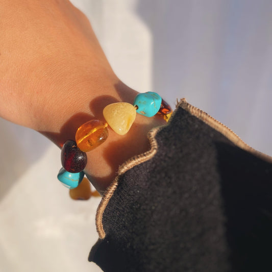 Amber bracelet with turquoise- Multi Colors - 16cm