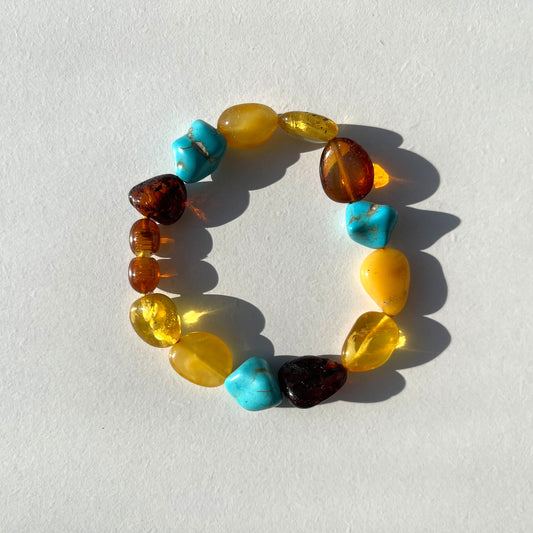 Amber bracelet with turquoise- Multi Colors - 15cm