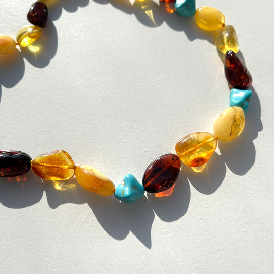 Amber Necklace with turquoise- Multi Colors - 45cm