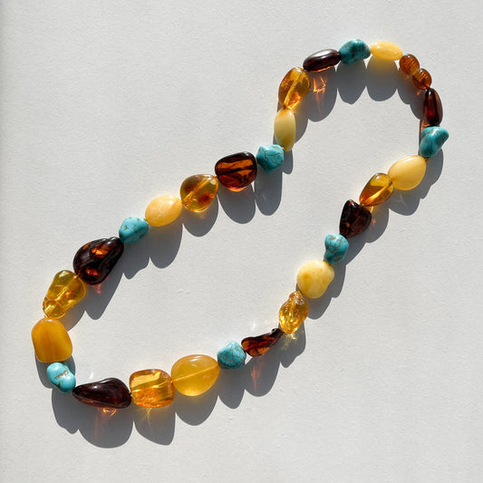 Amber Necklace with turquoise- Multi Colors - 40cm