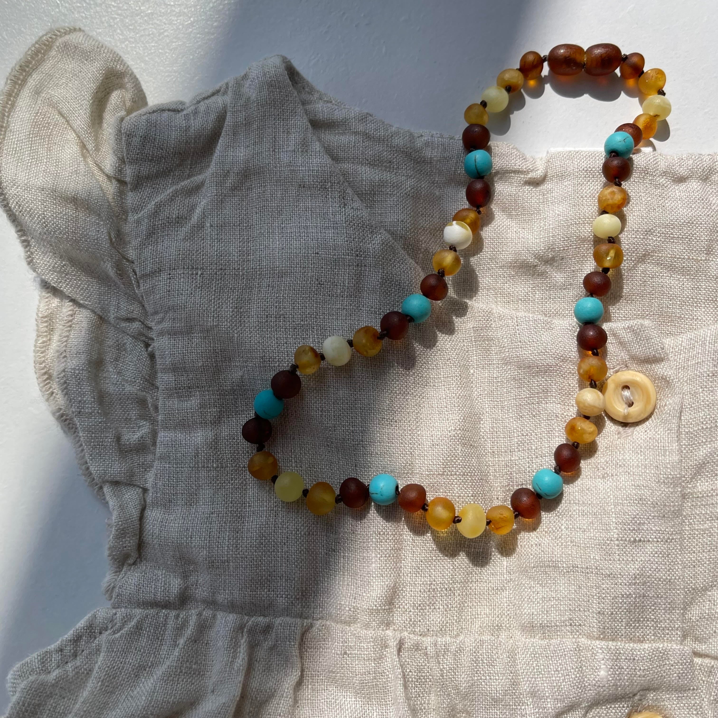 【8___emma___8さま専用ページ】Amber Necklace with turquoise - Unpolished Multi  Colors - 32cm