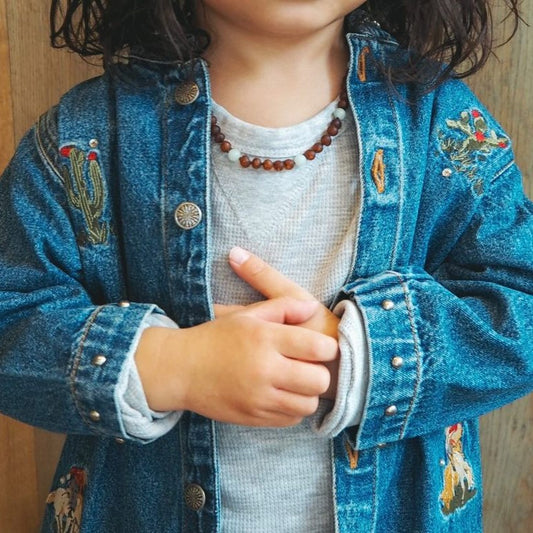 Amber Necklace - Raw Cognac + Aquamarine -  40cm