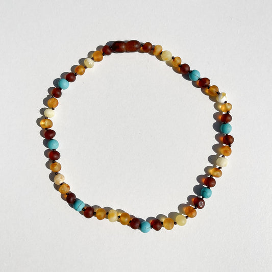 Amber Necklace with turquoise - Unpolished Multi Colors - 32cm