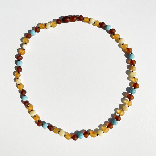 Amber Necklace with turquoise - Unpolished Multi Colors - 40cm