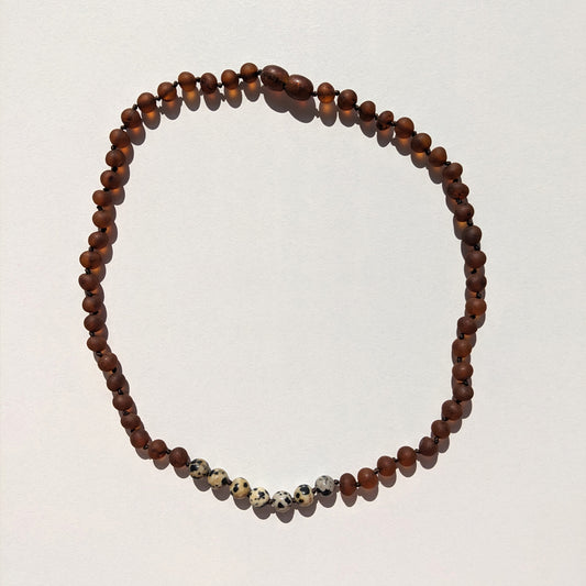 Amber Necklace with Dalmatian jasper - Raw Cognac - 40cm