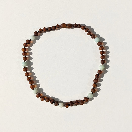 Amber Necklace - Raw Cognac + Aquamarine - 32cm