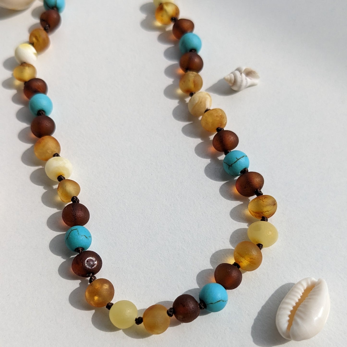 Amber Necklace with turquoise - Unpolished Multi Colors - 32cm