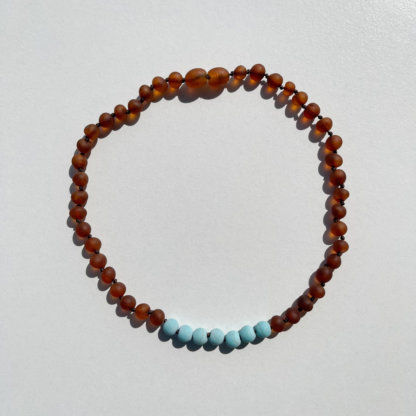 Amber Necklace with turquoise - Raw Cognac - 32cm