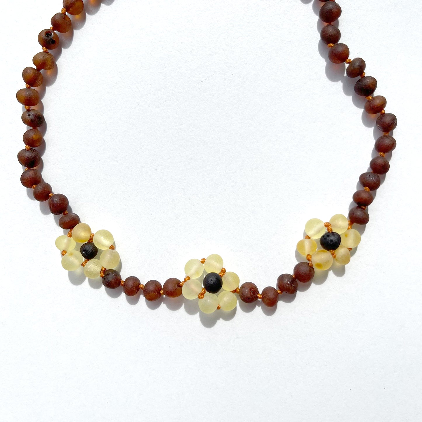 Amber Necklace with sunflowers -Raw cognac- 32cm