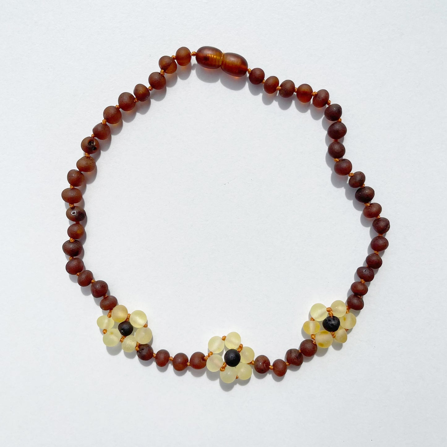 Amber Necklace with sunflowers -Raw cognac- 32cm