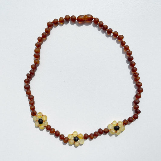 Amber Necklace with sunflowers -Raw cognac- 40cm