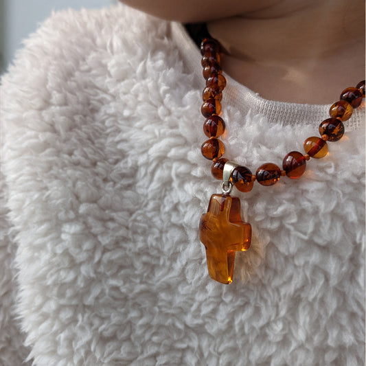 Amber Necklace with Cross - Cognac - 32cm