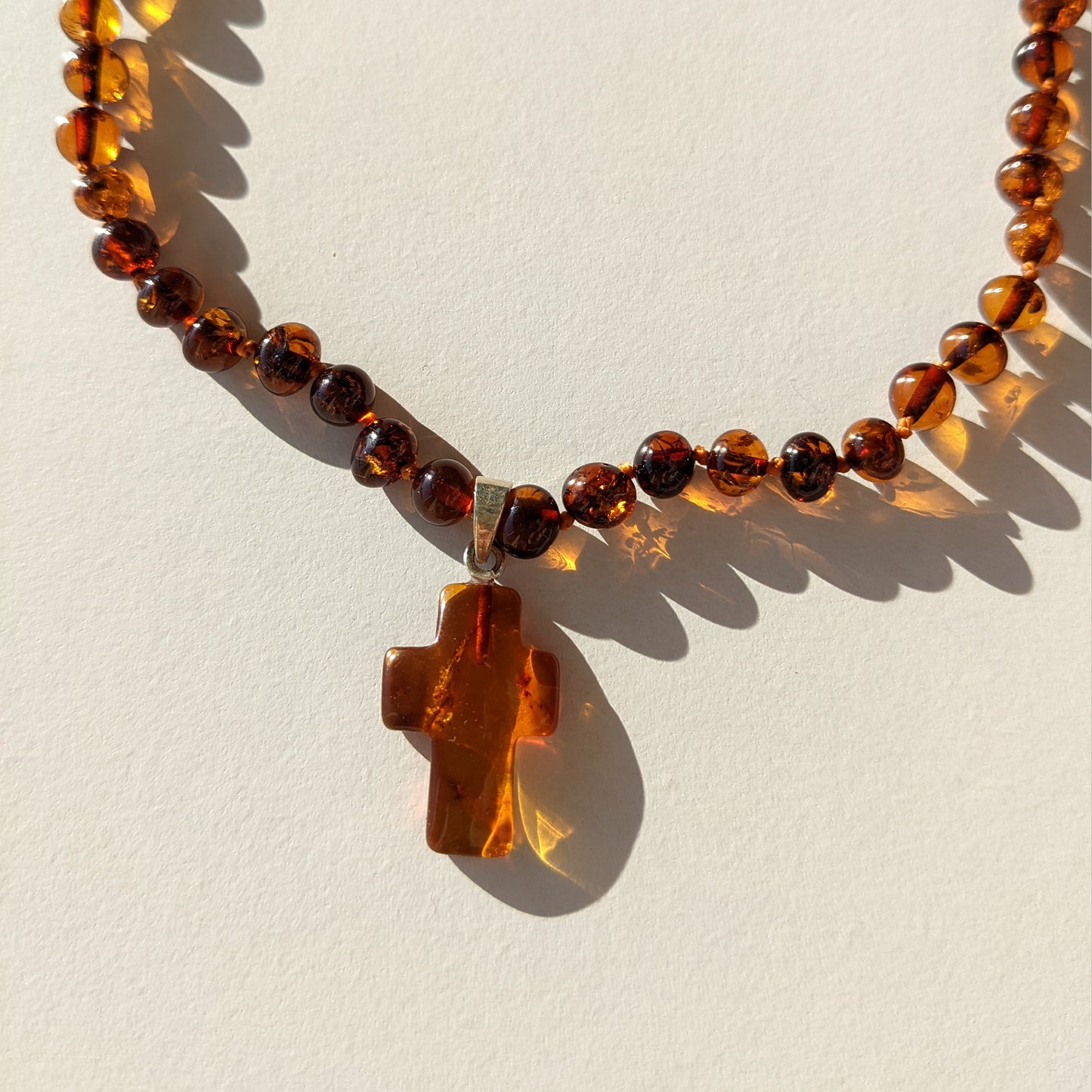 Amber Necklace with Cross - Cognac - 32cm