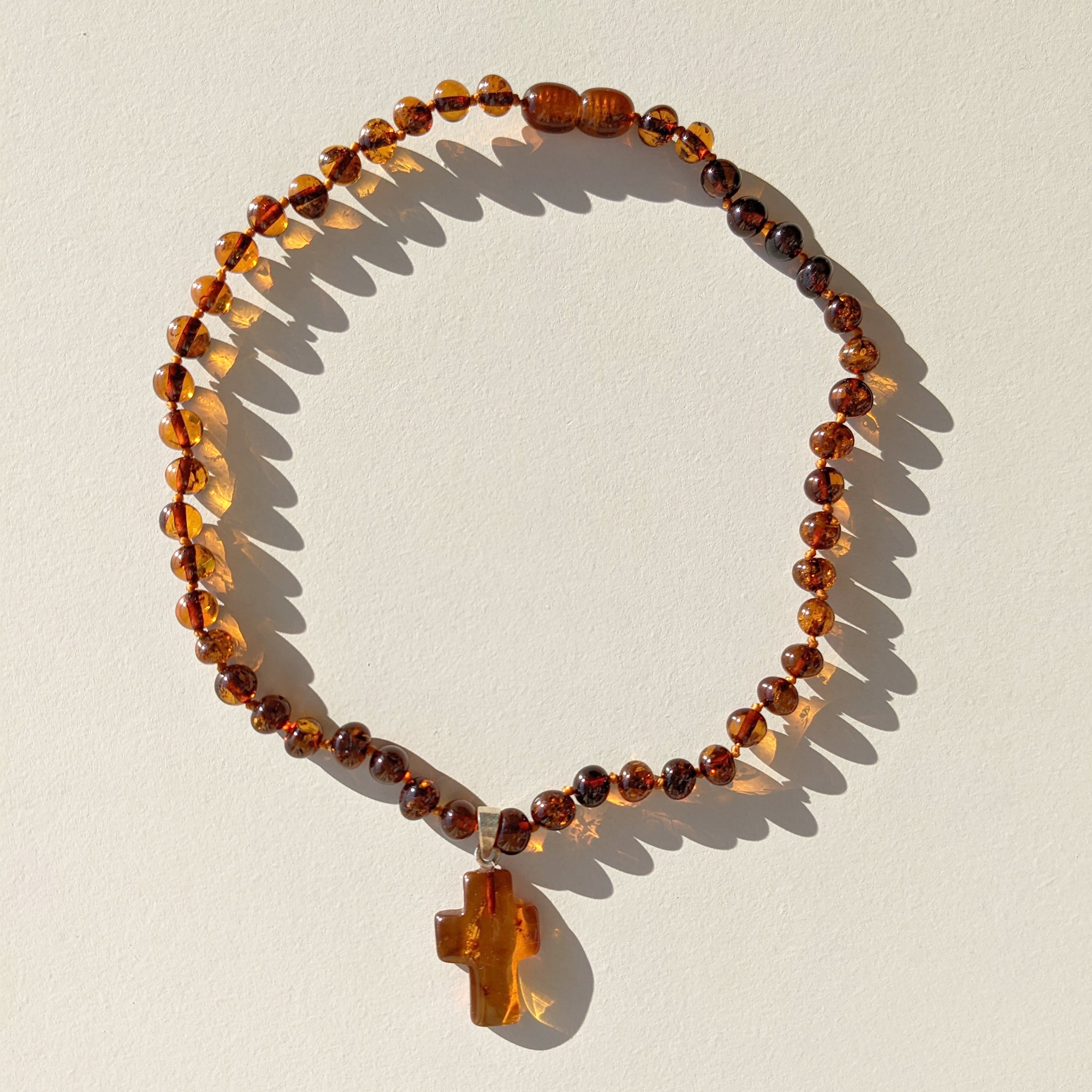 Amber Necklace with Cross - Cognac - 32cm