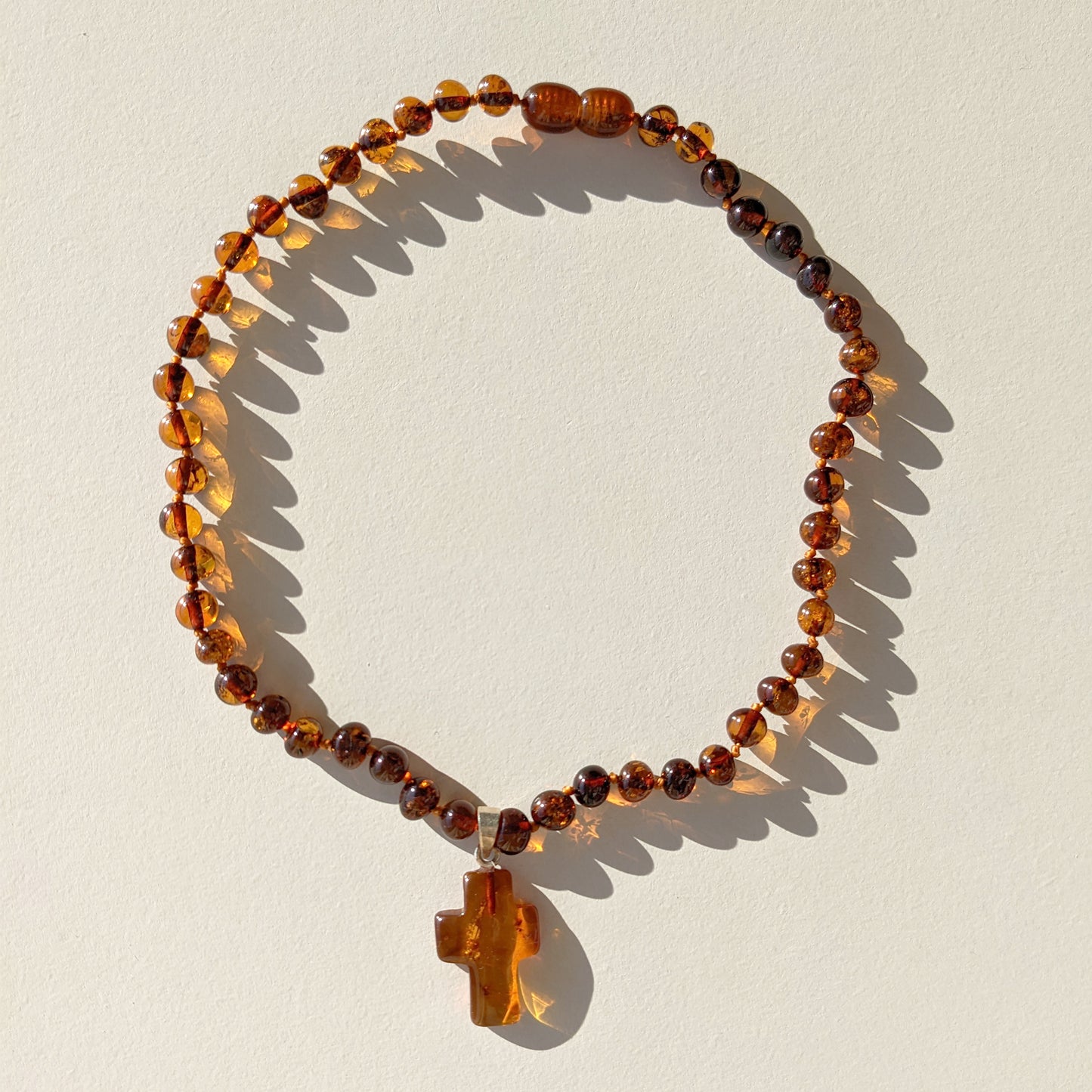 Amber Necklace with Cross - Cognac - 32cm