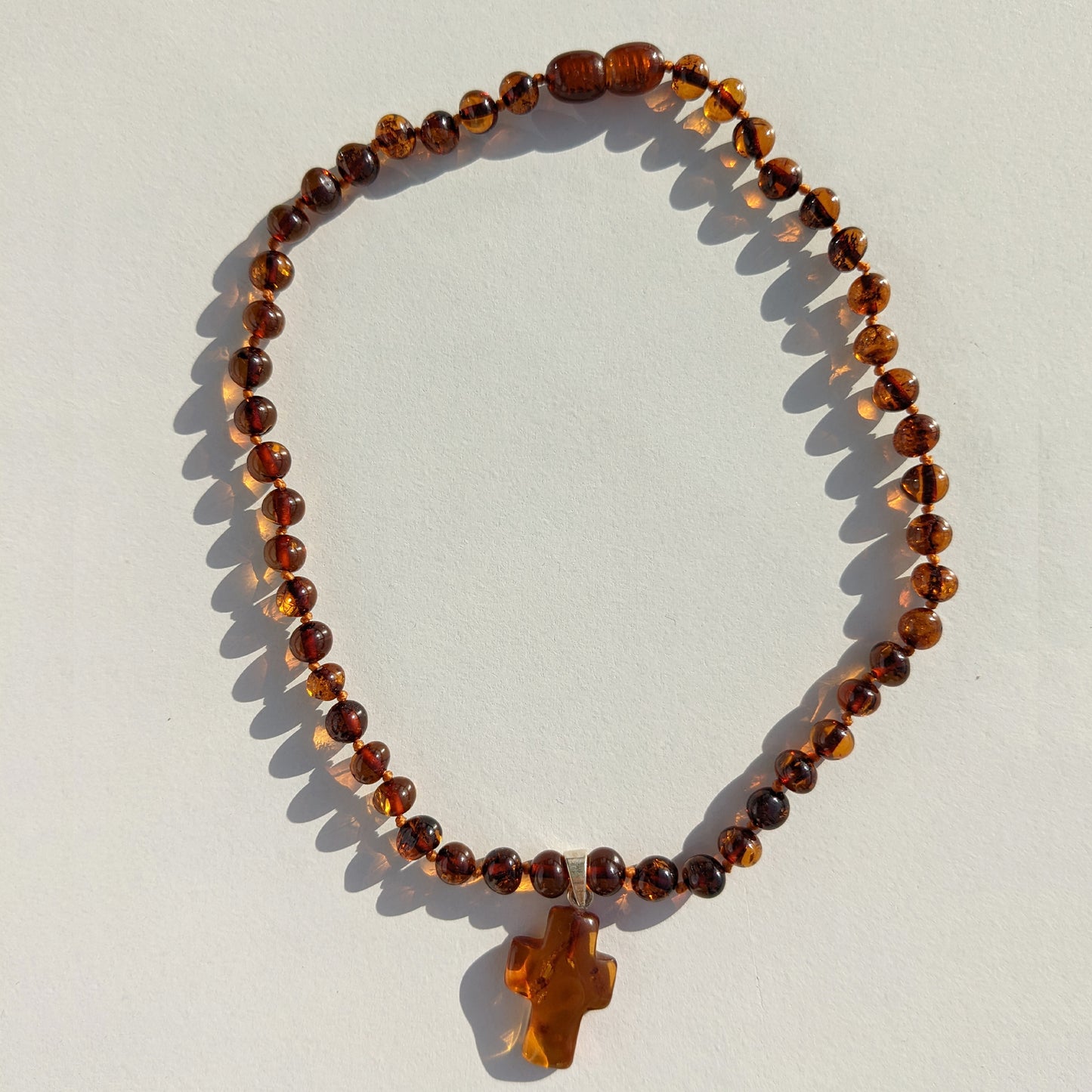 Amber Necklace with Cross - Cognac - 40cm