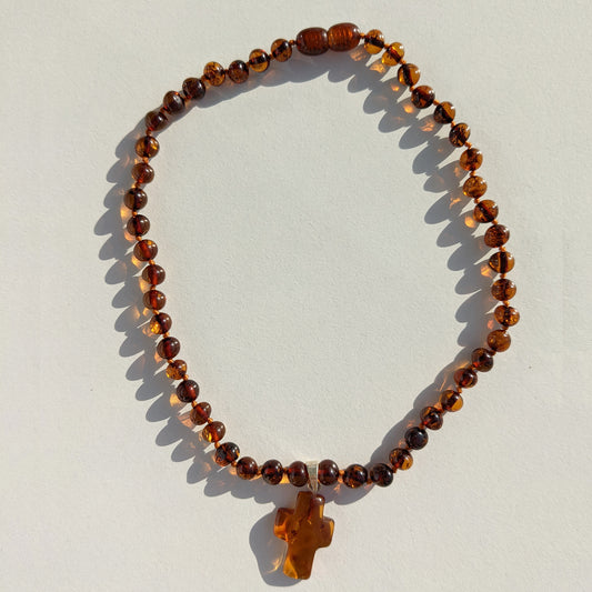 Amber Necklace with Cross - Cognac - 40cm