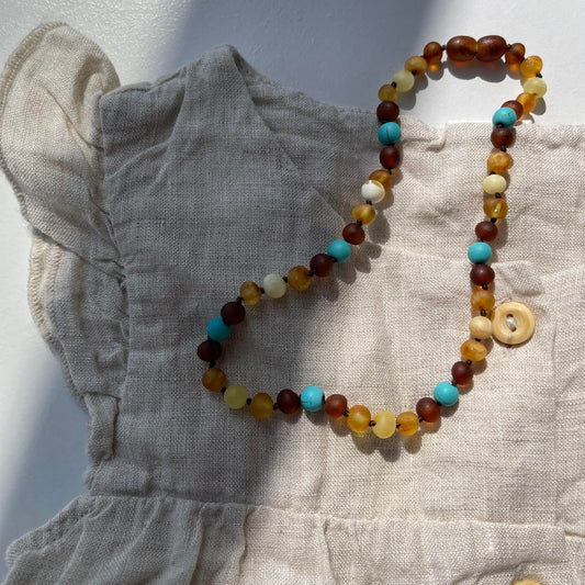 Amber Necklace with turquoise - Unpolished Multi Colors - 32cm